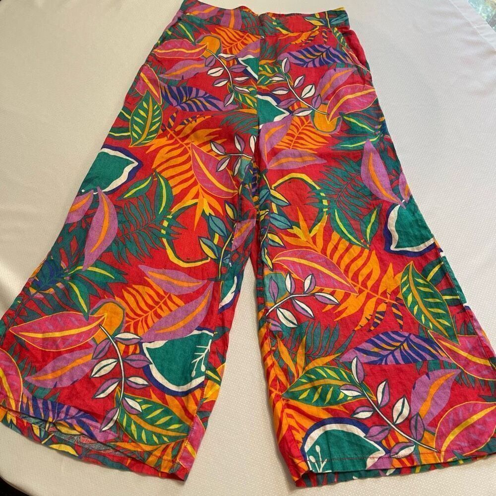 C&C California Pants Women Medium Multicolor Floral 100% Linen Wide Leg Tropical